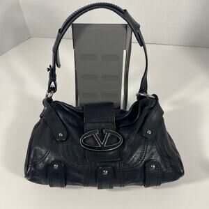 Buttery Soft Black Leather Valentino Garavani Handbag Purse Stylish Metal Accent